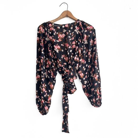 A.L.C. Black/Pink Floral Silk Carla Wrap Top - Size 2 - Picture 2 of 7
